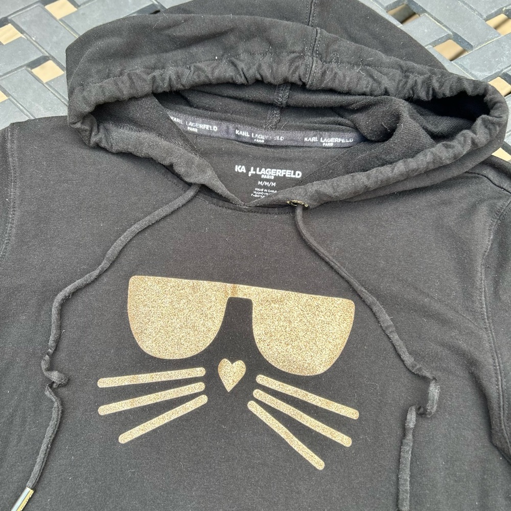 Karl Lagerfeld Paris Choupette Cat Gold Glitter Black Hoodie Sweatshirt Size M - Picture 5 of 16